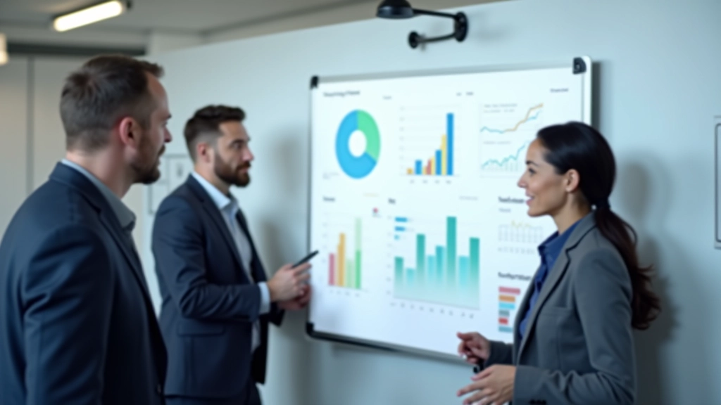 Team meeting with people discussing financial data and metrics on whiteboard